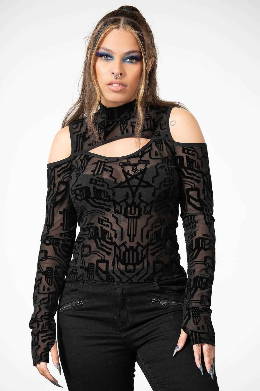 Women KILLSTAR Tops | Tuned Out Mesh Cold Shoulder Top Black