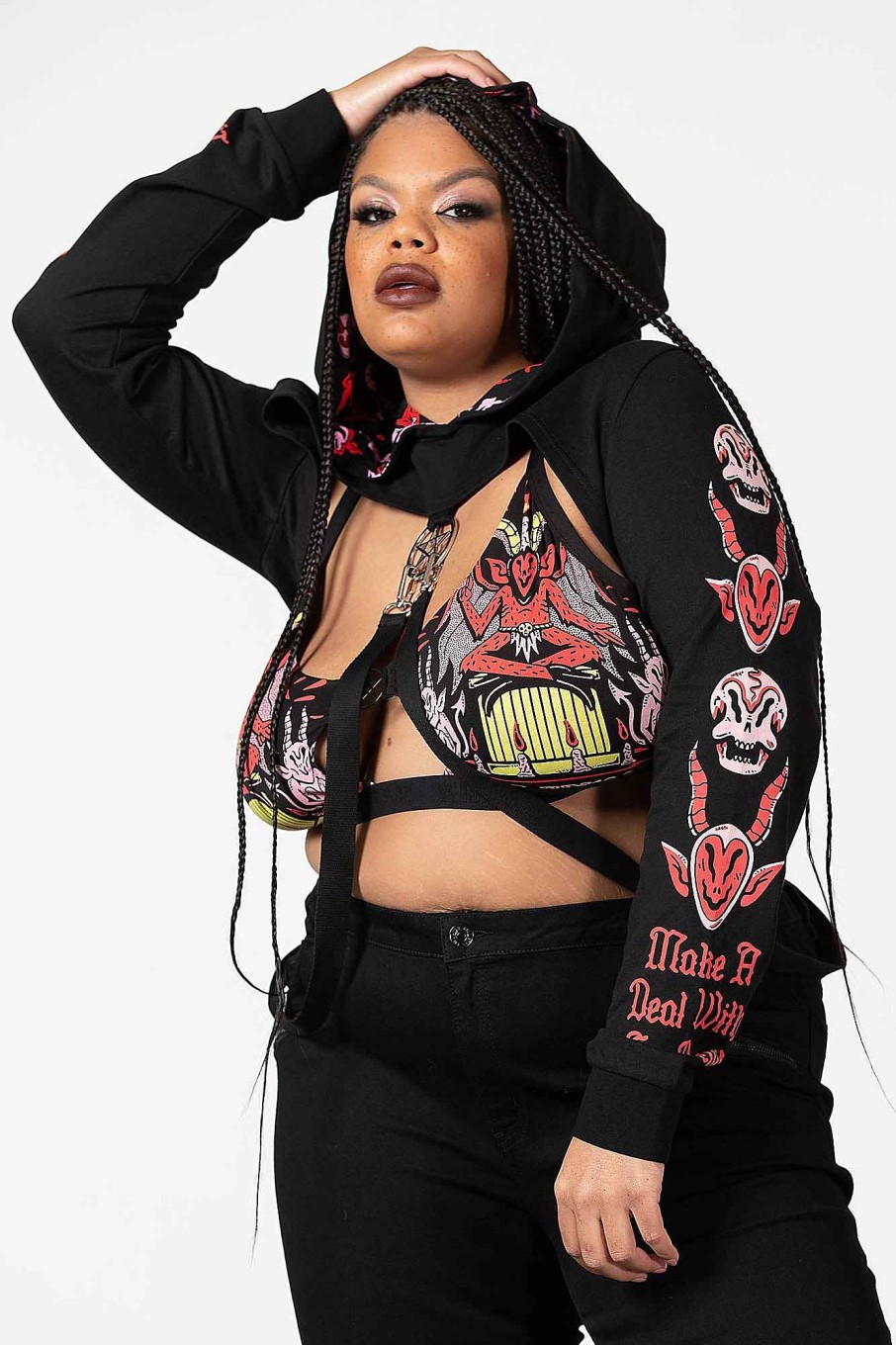 Plus KILLSTAR Outerwear | Troublemaker Cropped Hoodie [Plus] Black