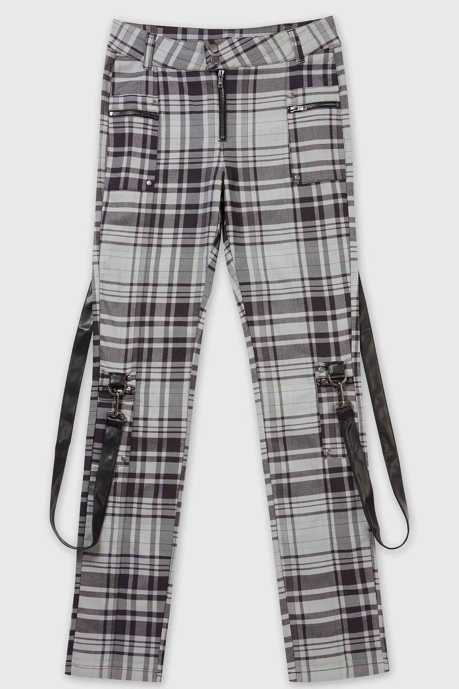 Plus KILLSTAR Bottoms | Office Riot Strappy Trousers [ ] [Plus] Grey Tartan