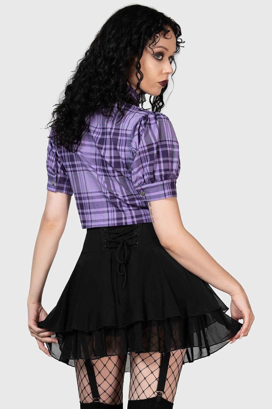 Women KILLSTAR Tops | Hayee Ribbon Shirt Purple Tartan