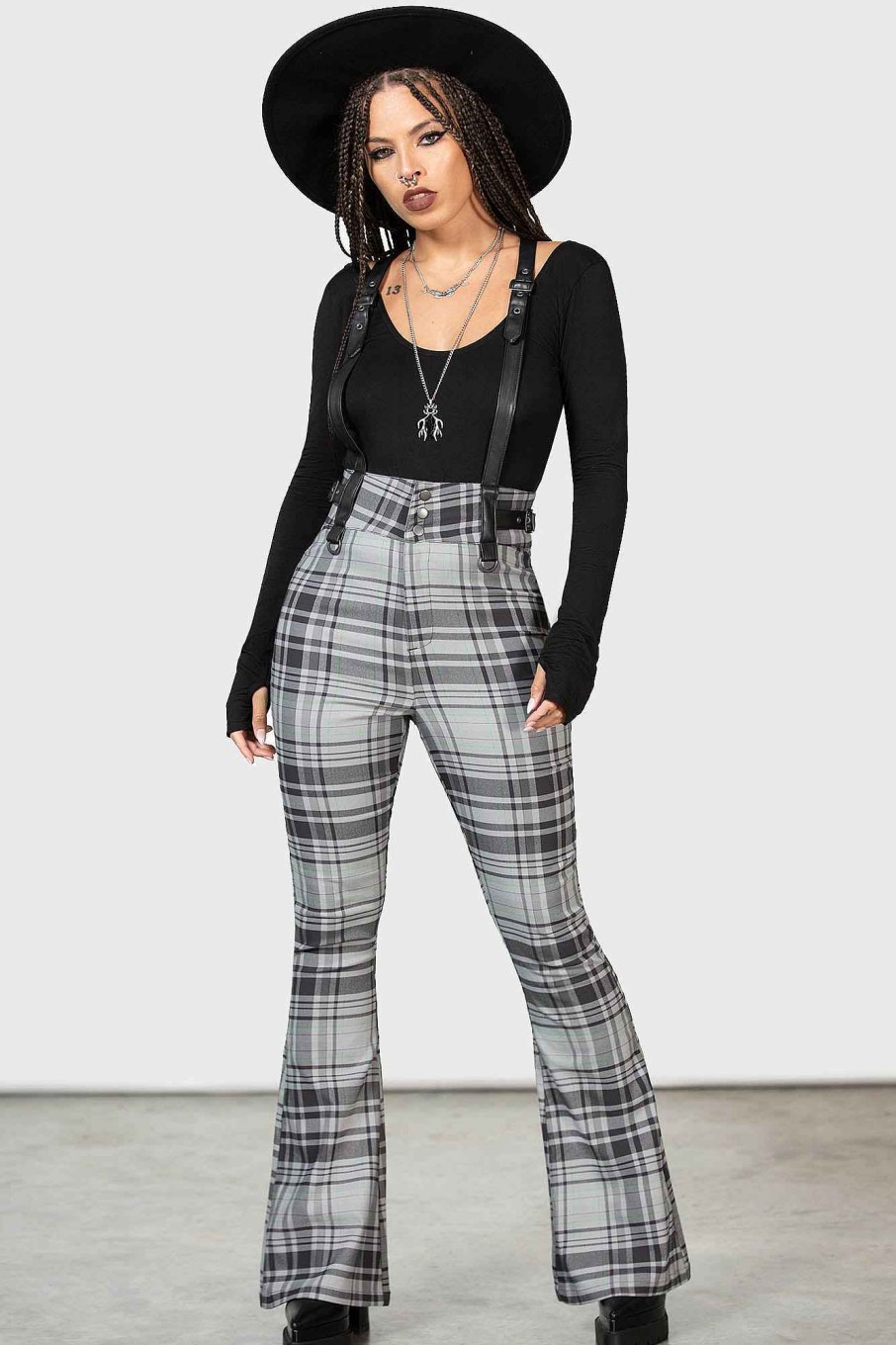 Women KILLSTAR Bottoms | Prophet Of Doom Suspender Trousers [ ] Grey Tartan