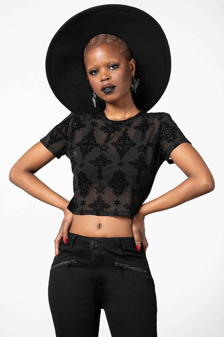 Women KILLSTAR Tops | Petra Mesh Crop Top Black