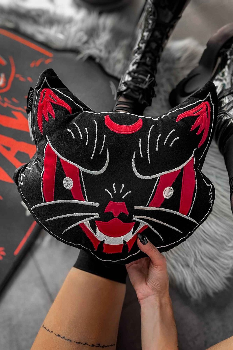 Home KILLSTAR Bedding & Cushions | Purr Evil Filled Shape Cushion Red