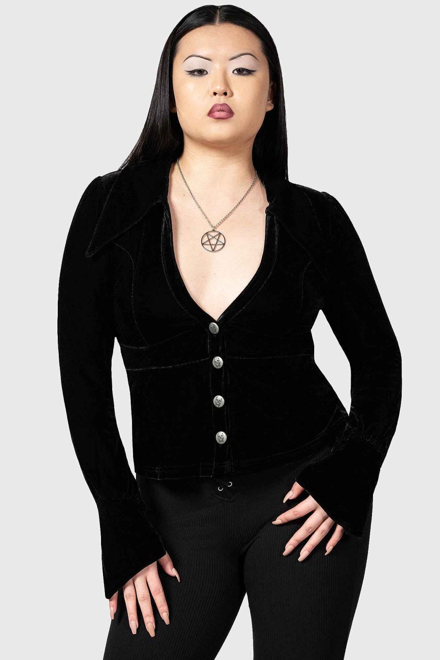 Women KILLSTAR Tops | Evelina'S Enhancement Velvet Plunge Shirt Black