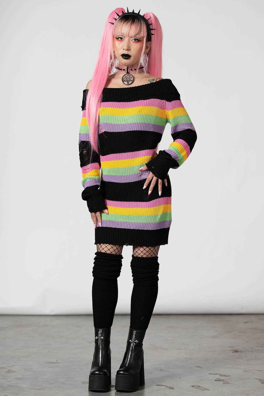 Women KILLSTAR Knitwear | Good Vibes Knit Sweater Dress Rainbow