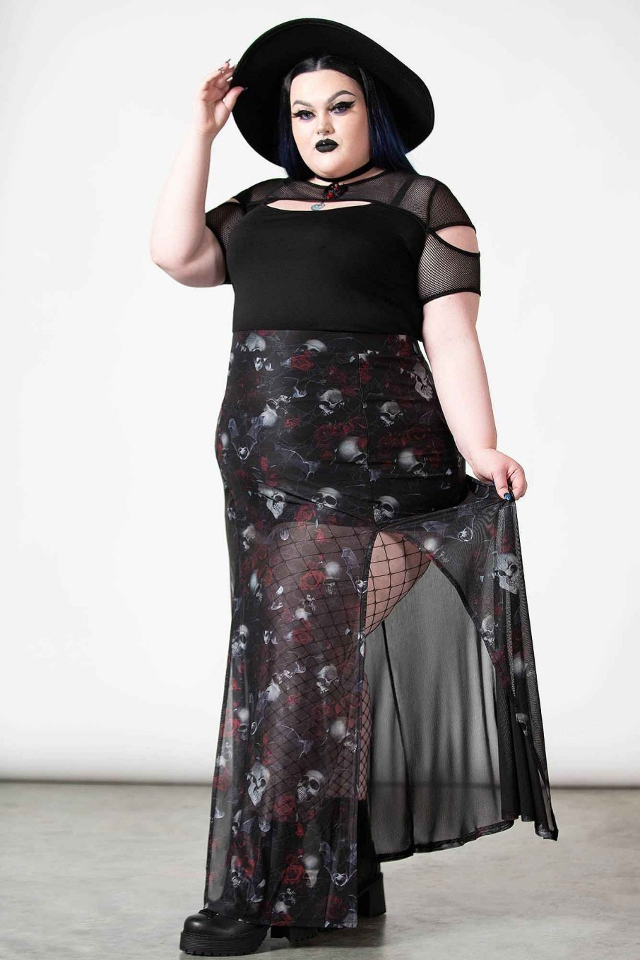 Plus KILLSTAR Co-Ords | Kleadora Mesh Maxi Skirt [Plus] Black