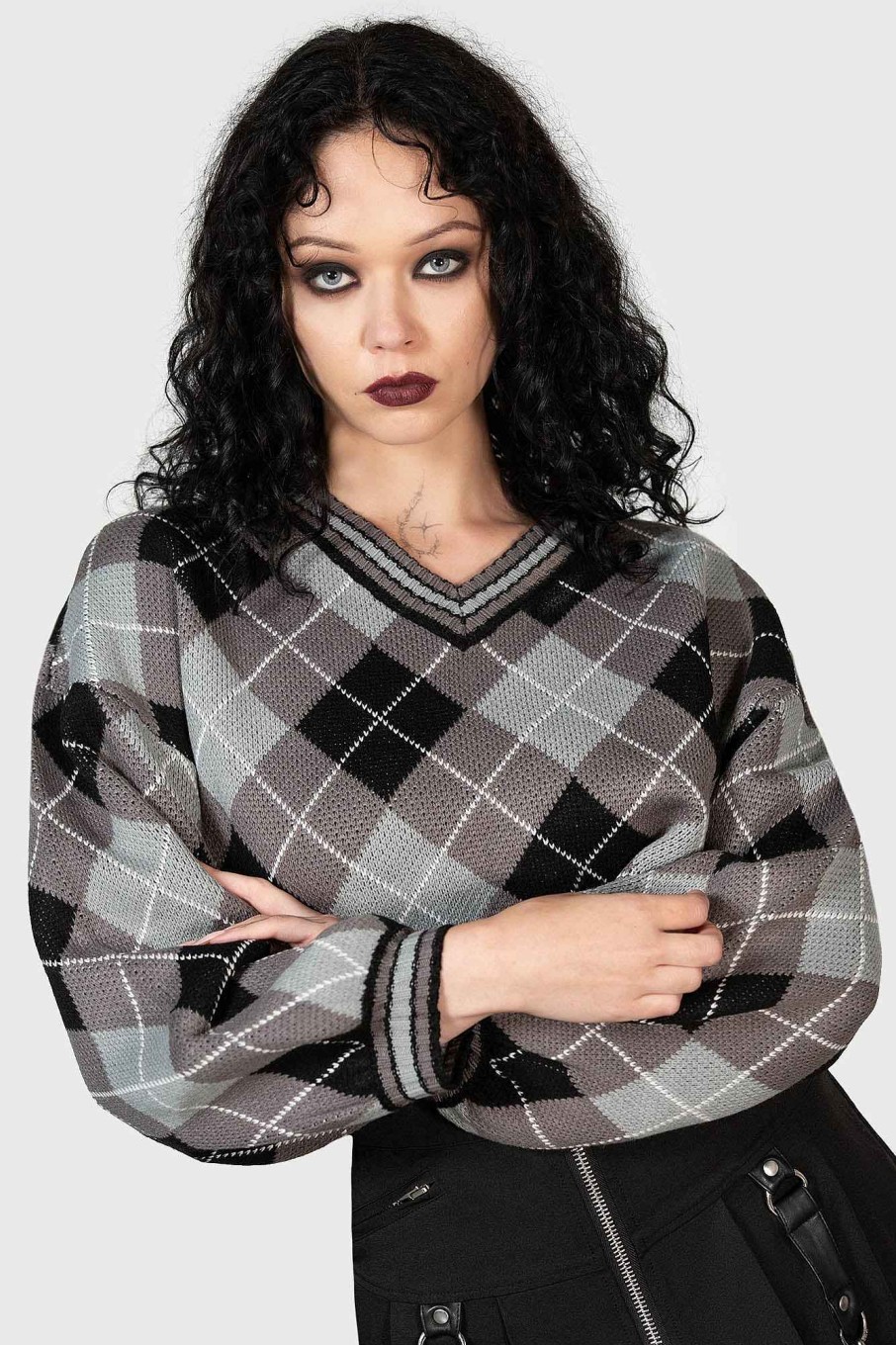 Women KILLSTAR Knitwear | Nasiv Argyle Knit Top Grey