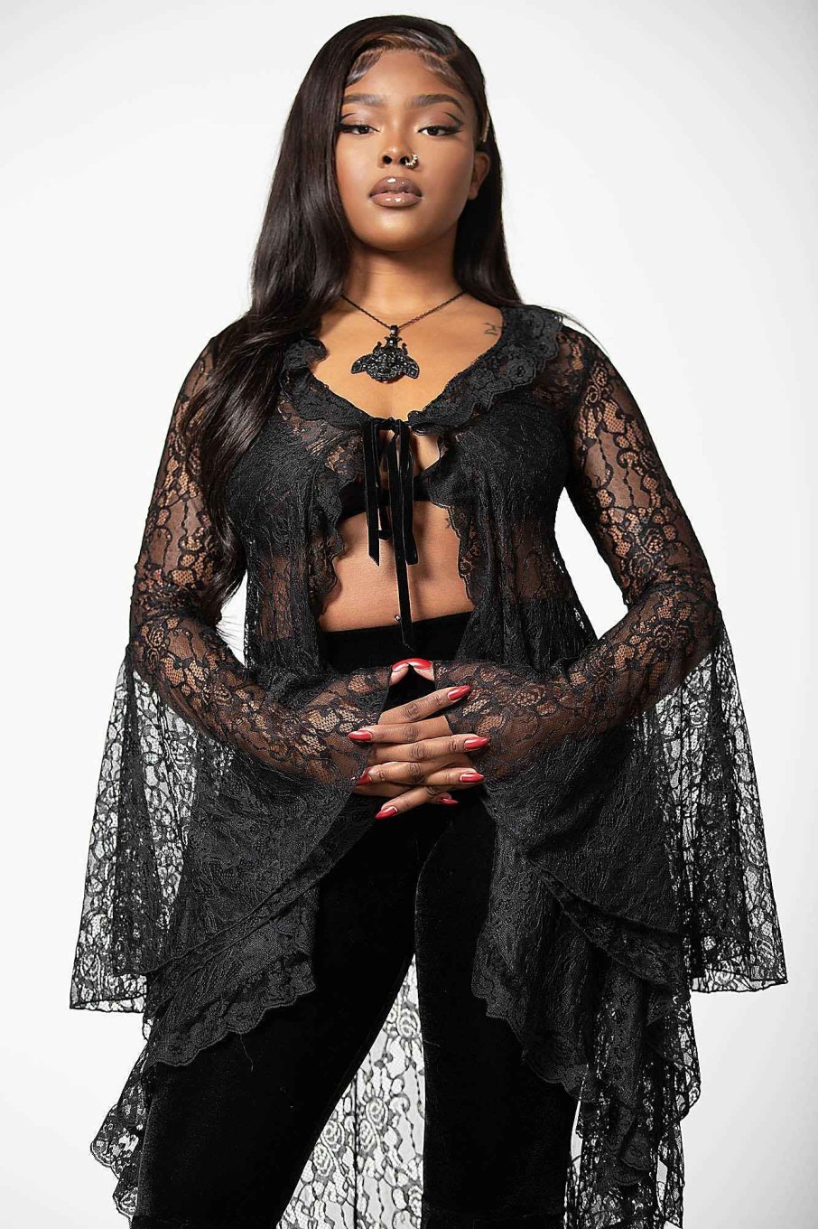 Women KILLSTAR Tops | Vilania Lace Duster Black