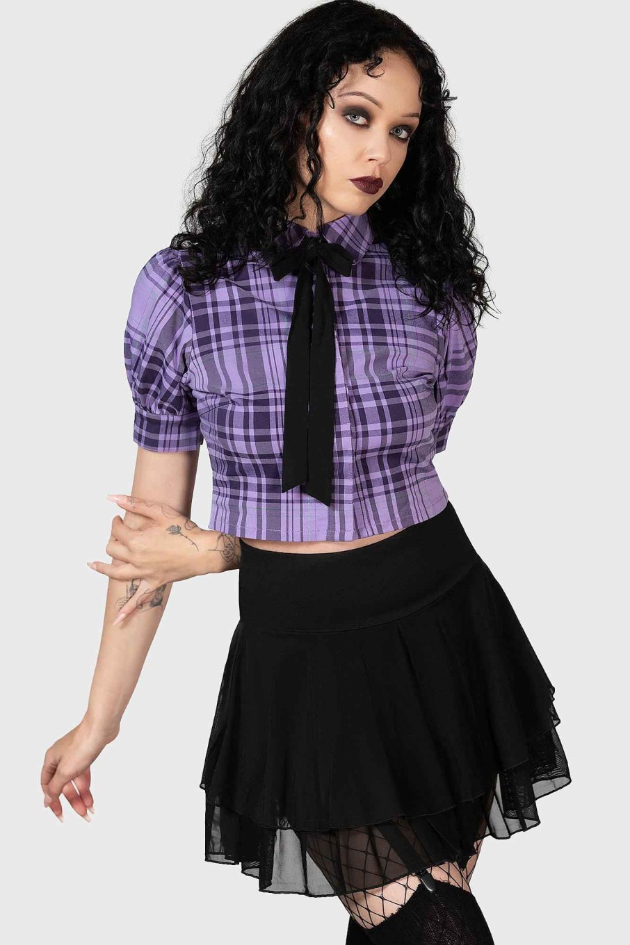 Women KILLSTAR Tops | Hayee Ribbon Shirt Purple Tartan