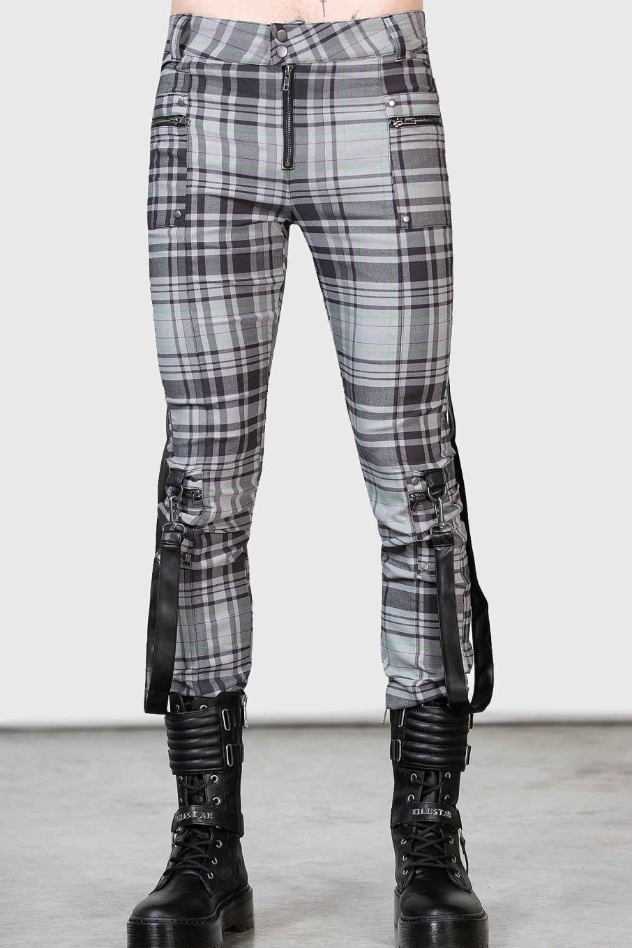 Women KILLSTAR Bottoms | Office Riot Strappy Trousers [ ] Grey Tartan