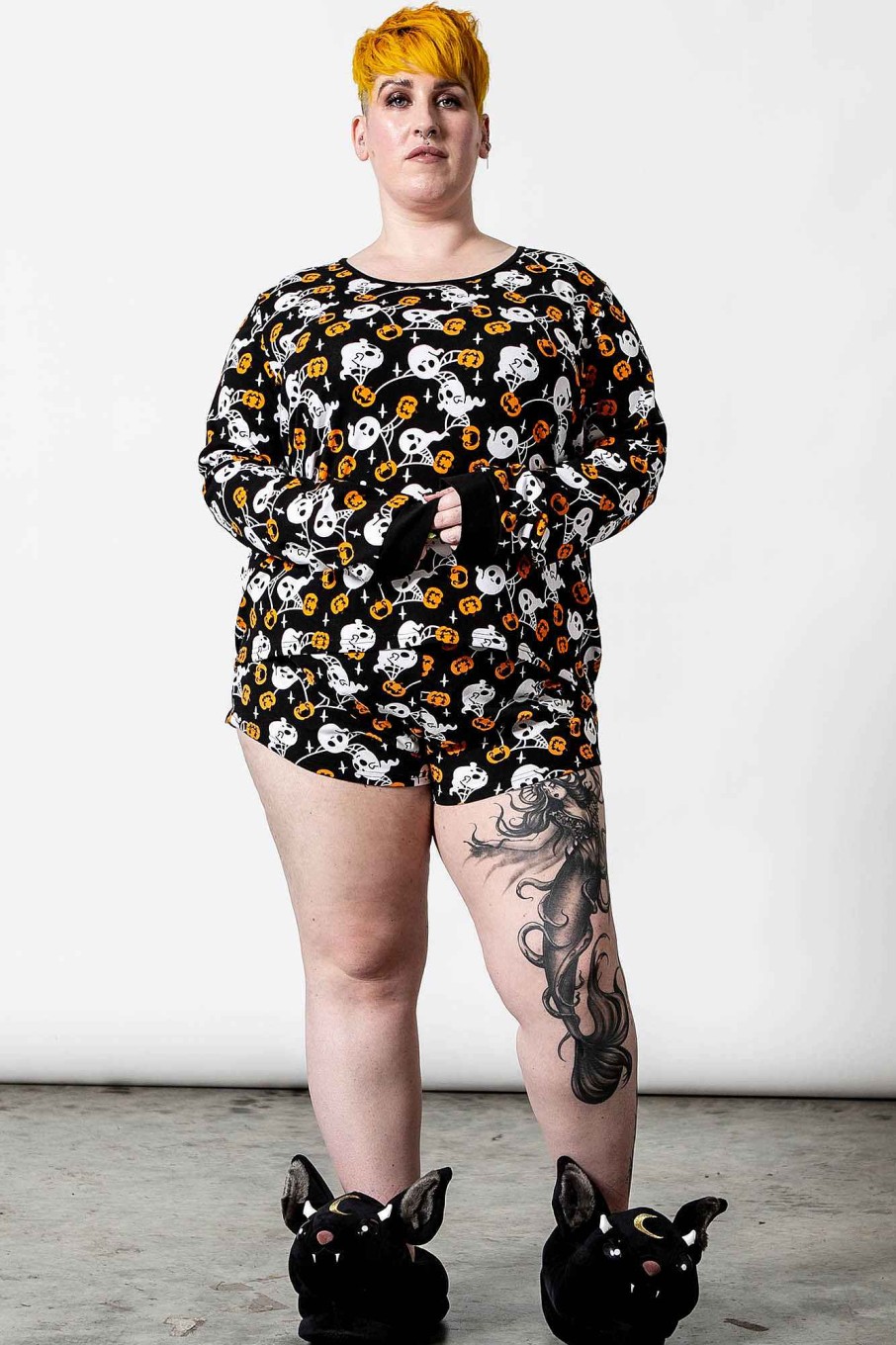 Plus KILLSTAR Loungewear | Haunted Pumpkin Long Sleeve Top [Plus] Black