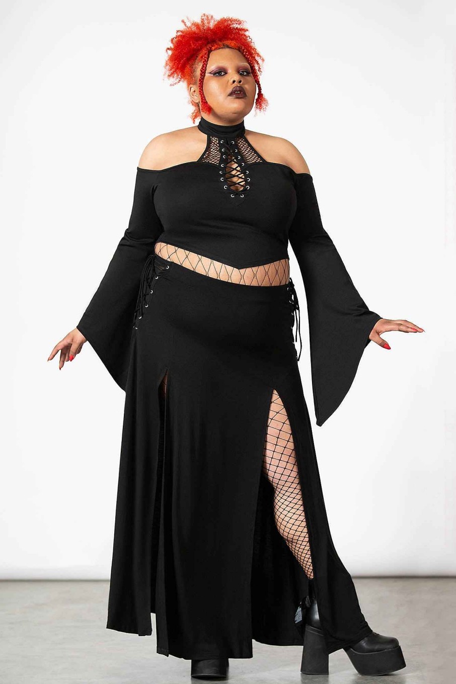 Plus KILLSTAR Bottoms | Hellverina Split Maxi Skirt [Plus] Black