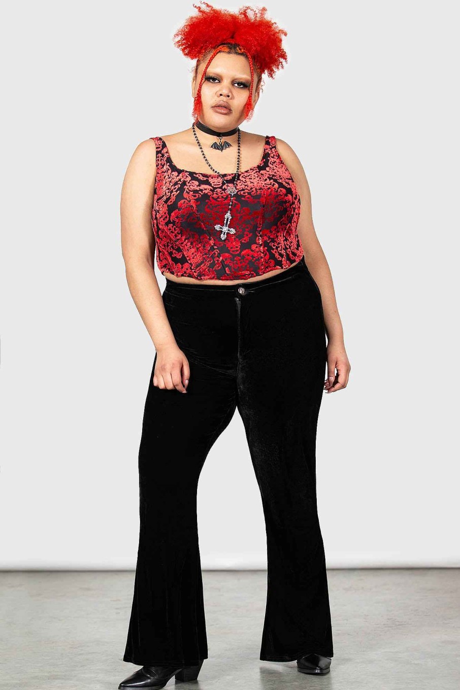 Plus KILLSTAR Co-Ords | Thena'S Thistle Velvet Bootcut Trousers [Plus] Black