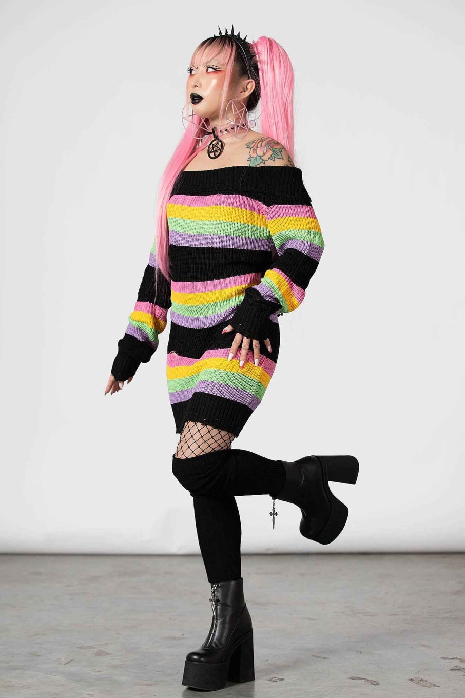 Women KILLSTAR Knitwear | Good Vibes Knit Sweater Dress Rainbow