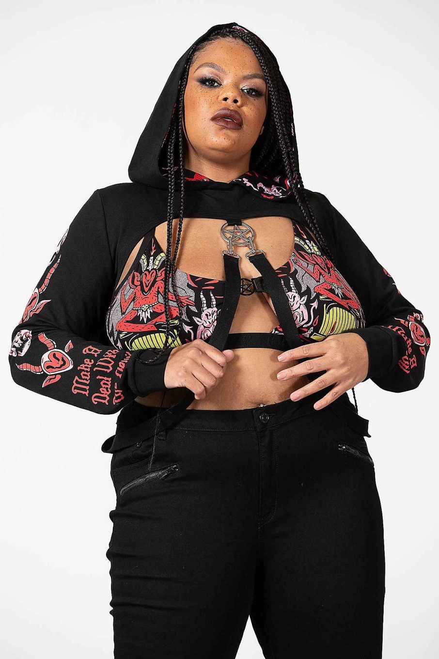 Plus KILLSTAR Outerwear | Troublemaker Cropped Hoodie [Plus] Black