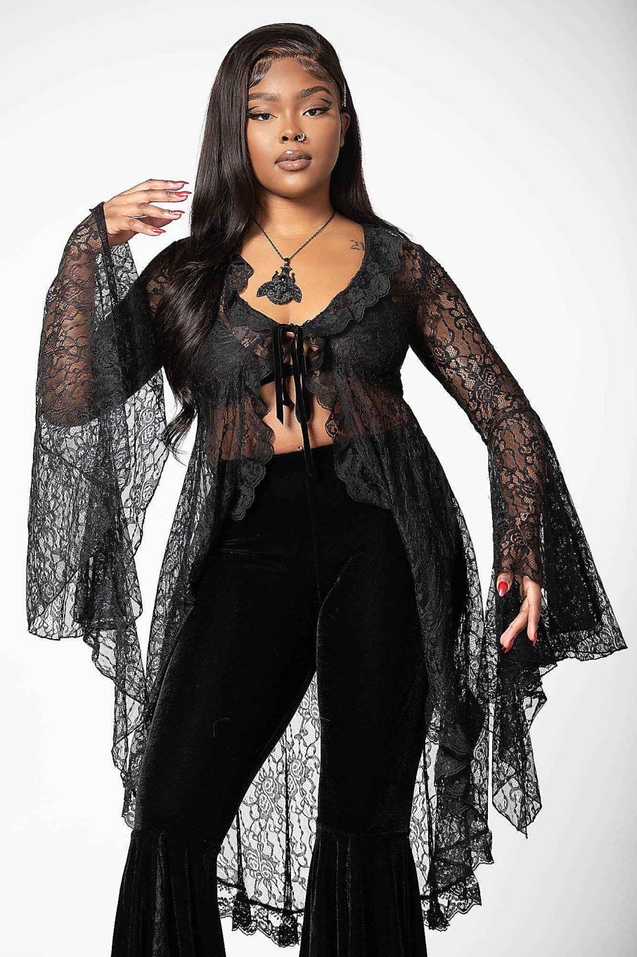 Women KILLSTAR Tops | Vilania Lace Duster Black