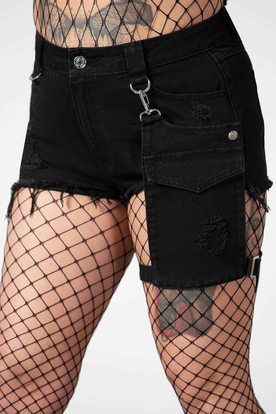 Women KILLSTAR Bottoms | Fury Road Denim Garter Shorts Black